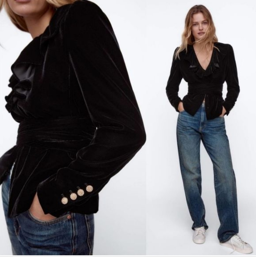 Zara NWT Black Velvet Padded Ruffle Tied Blazer Sz XS